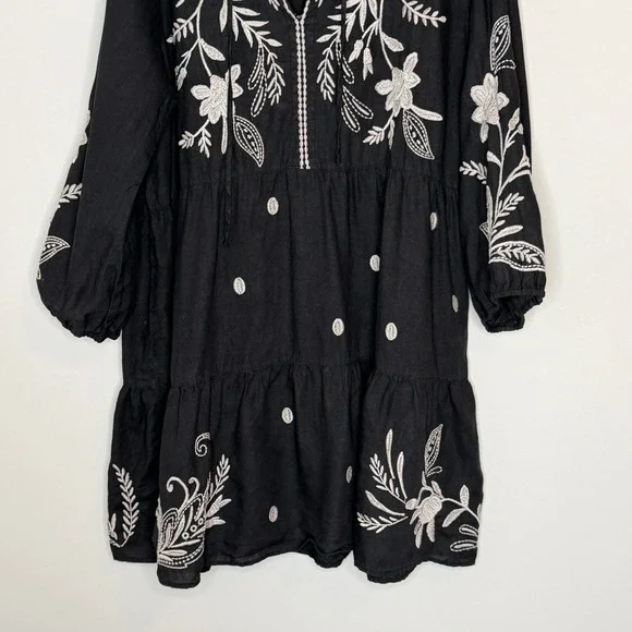 Johnny Was Black Linen Embroidered Frankie Tiered Field Dress Bird Boho Large - Picture 7 of 15